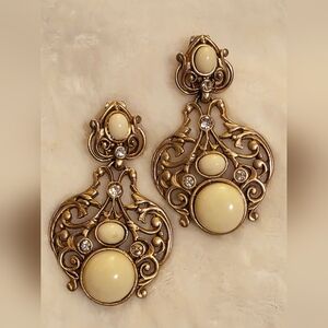 Elegant Gold and Cream Filigree Statement Earrings